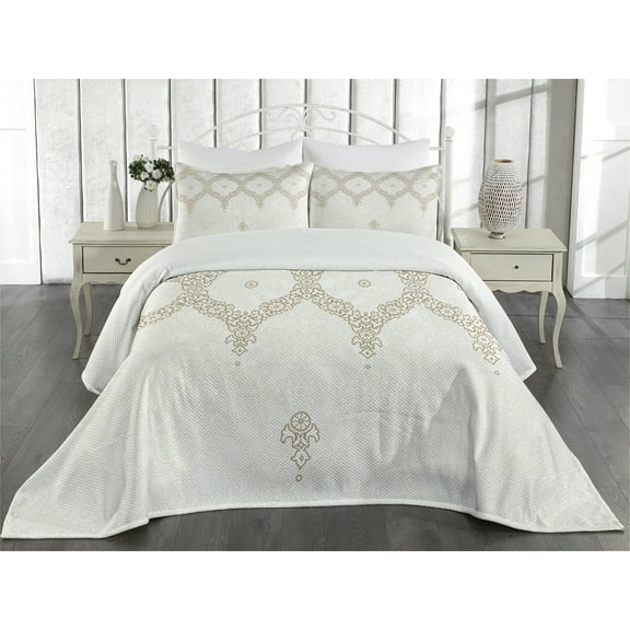 Ambesonne Moroccan Quilted Coverlet 3 Pcs, Eastern Elements Cream, King Size, White Umber Camel