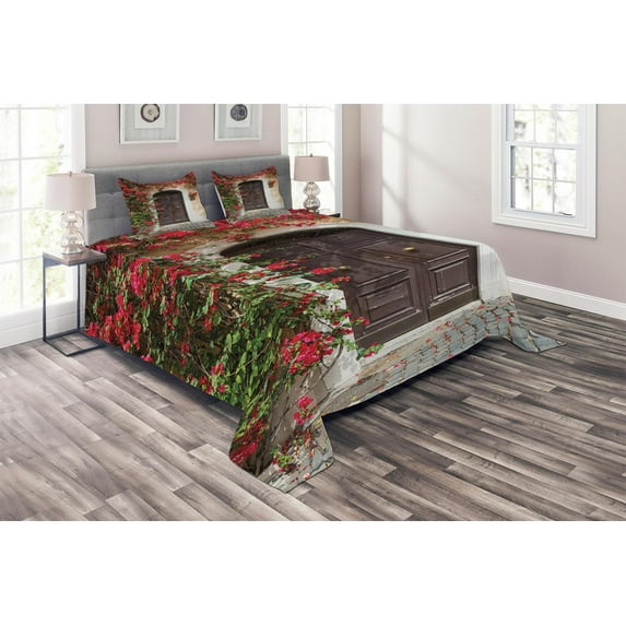 Ambesonne Moroccan Quilted Coverlet 3 Pcs, Old Door with Flowers, Queen Size, Multicolor