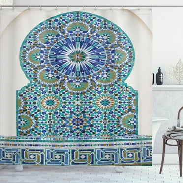 Ambesonne Moroccan Shower Curtain, Eastern Ceramic Tile, 69"Wx75"L, Pale Coffee Turquoise