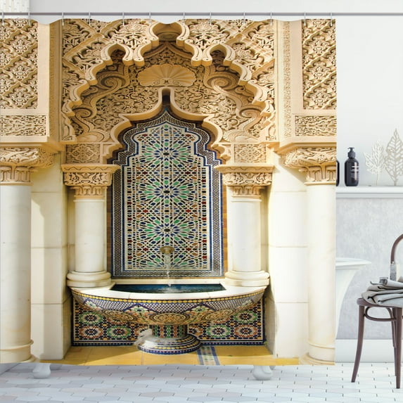 Ambesonne Moroccan Shower Curtain, Vintage Eastern Art, 69"Wx84"L, Ivory Pale Brown Blue