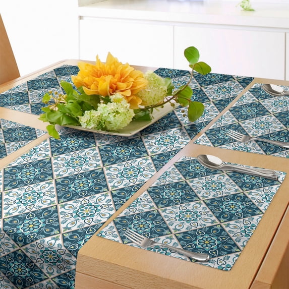 Ambesonne Moroccan Table Runner & Placemats, Folkloric Flower Ornaments, Placemat 4 pcs + Runner 16"x72", Dark Teal Mustard