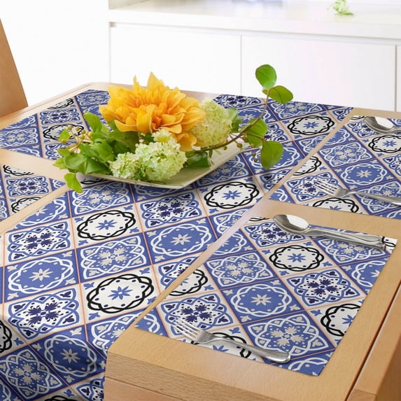 Ambesonne Moroccan Table Runner & Placemats, Geometric Azulejo Design, Placemat 4 pcs + Runner 14"x72", Violet Blue Black Cream