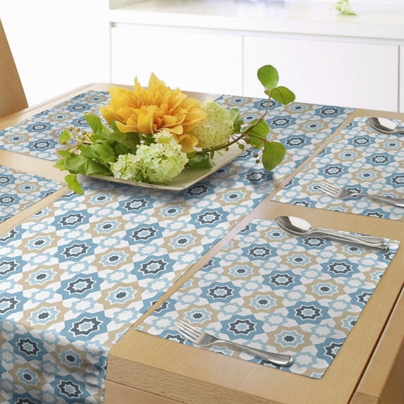 Ambesonne Moroccan Table Runner & Placemats, Oriental Star Shape Motifs, Placemat 4 pcs + Runner 14"x90", Deep Sky Blue Ecru