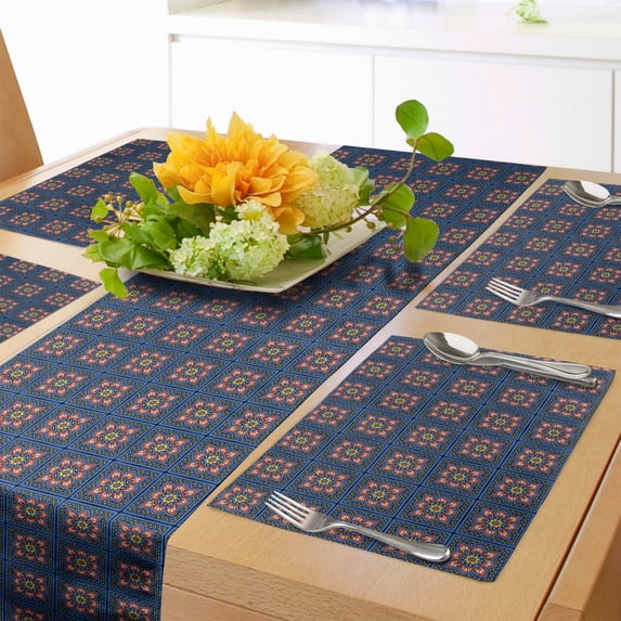 Ambesonne Moroccan Table Runner & Placemats, Traditional Orient Floral, Placemat 4 pcs + Runner 12"x90", Dark Sky Blue Multicolor