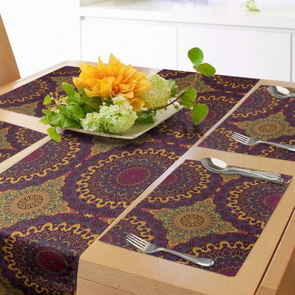 Ambesonne Moroccan Table Runner & Placemats, Tribal Art Mandala, Placemat 4 pcs + Runner 14"x72", Plum Petrol Blue Yellow