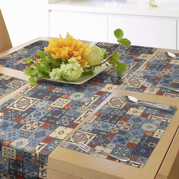 Ambesonne Moroccan Table Runner & Placemats, Tunisian, Placemat 4 pcs + Runner 12"x90", Dark Orange Slate Blue