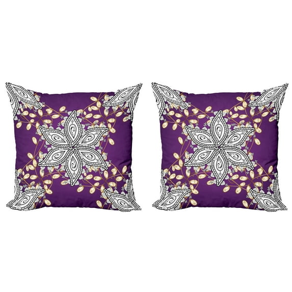 Ambesonne Moroccan Throw Pillow Cover 2 Pack, Vintage Floral Petals, 18", Earth Yellow Purple