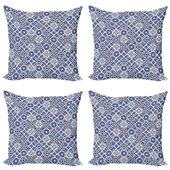 Ambesonne Moroccan Throw Pillow Cover 4 Pack, Old Retro Tiles, 16", Grey Blue