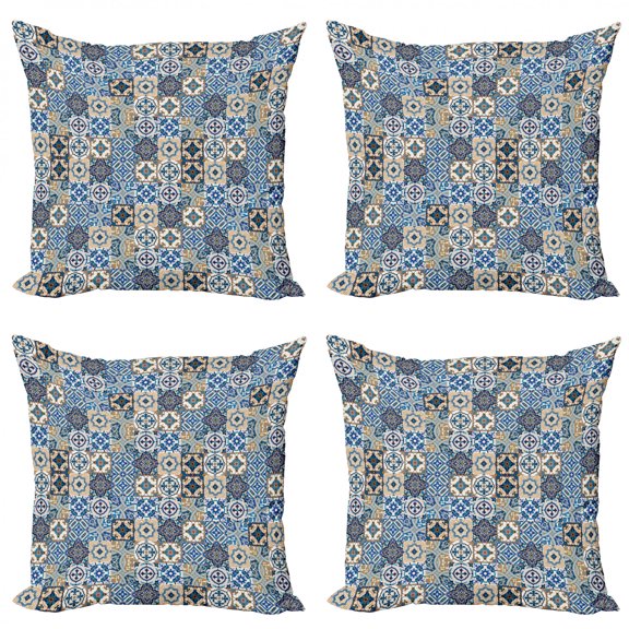 Ambesonne Moroccan Throw Pillow Cover 4 Pack, Portuguese Traditional, 16", Blue White Pale Brown