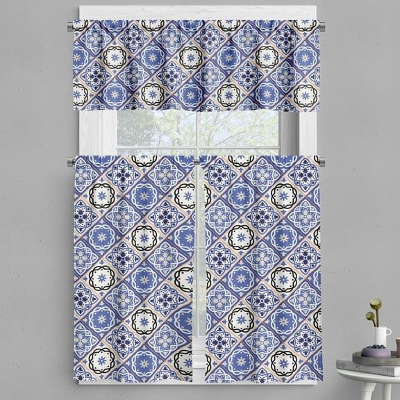 Ambesonne Moroccan Valance & Curtain, Geometric Azulejo Design, 55"x45", Violet Blue Black Cream