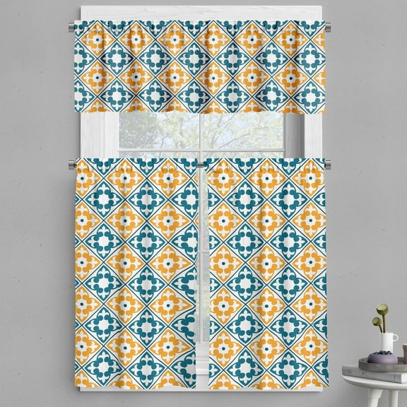 Ambesonne Moroccan Valance & Curtain, Spanish Azulejo Style, 55"x24", Teal Marigold White