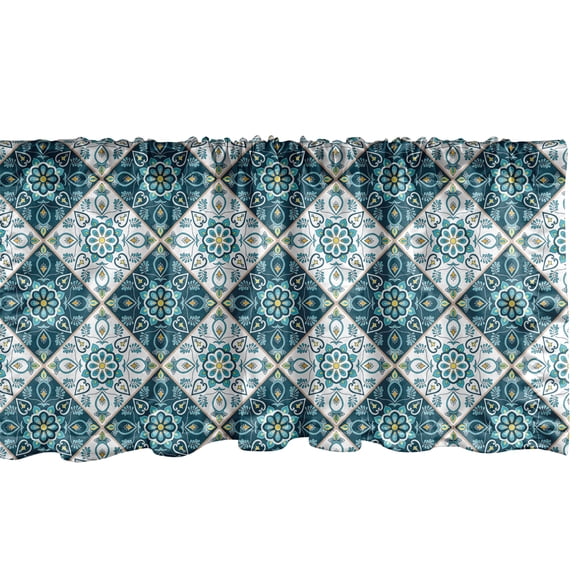 Ambesonne Moroccan Window Valance, Folkloric Flower Ornaments, 54" X 18", Dark Teal Mustard