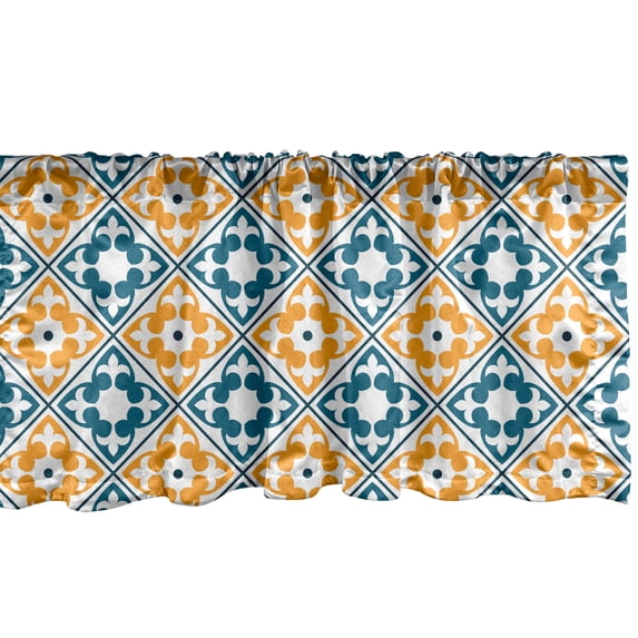 Ambesonne Moroccan Window Valance, Spanish Portuguese Azulejo Inspired Abstract Natural Pattern with Leaves, Curtain Valance for Kitchen Bedroom Decor with Rod Pocket, 54" X 18", Teal Marigold White