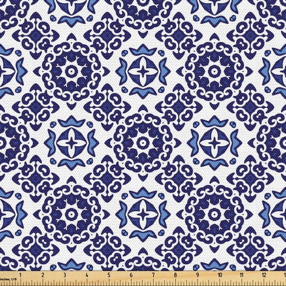 Ambesonne Mosaic Fabric by the Yard Upholstery, Rhombus Style Floral Tiles, 5 Yards, White and Indigo
