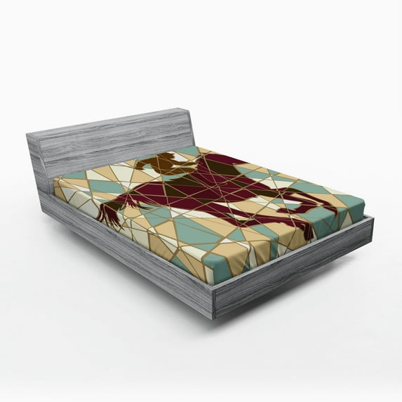 Ambesonne Mosaic Fitted Sheet, Stable Jockey Silhouette, Queen Size, Purple Pale Brown Teal