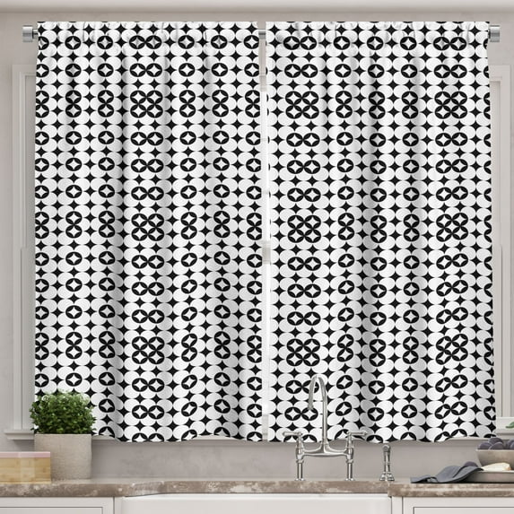 Ambesonne Mosaic Kitchen Curtains, Monotone Geometric Motif, 55"x39", Black and White