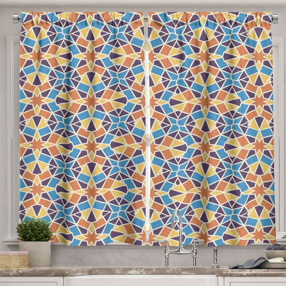 Ambesonne Mosaic Kitchen Curtains, Square Star Triangle Pattern, 55"x45", Mustard Sea Blue Eggshell