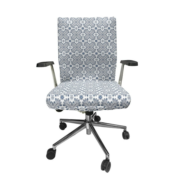 Ambesonne Mosaic Office Chair Cover Stretchable High Back, Turkish Folk Floral Motifs, White Dimgray Ceil Blue