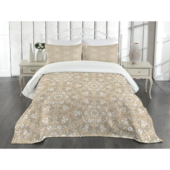 Ambesonne Mosaic Quilted Bedspread Set 3 Pcs, Antique Roman Cultural, Queen Size, White Peach Tan