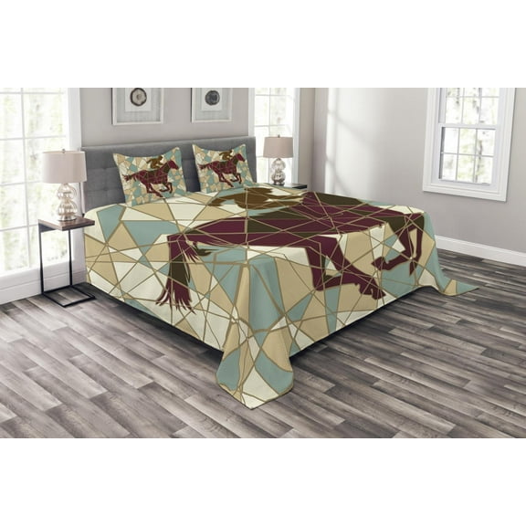 Ambesonne Mosaic Quilted Bedspread Set 3 Pcs, Stable Jockey Silhouette, King Size, Purple Pale Brown Teal