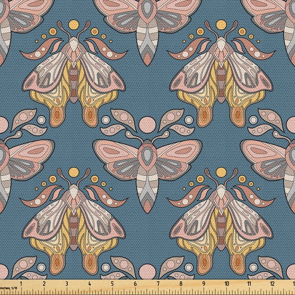 Ambesonne Moth Boho Fabric by the Yard Upholstery, Pastel Wingy Animal Print, 1 Yard, Slate Blue Blush Mustard