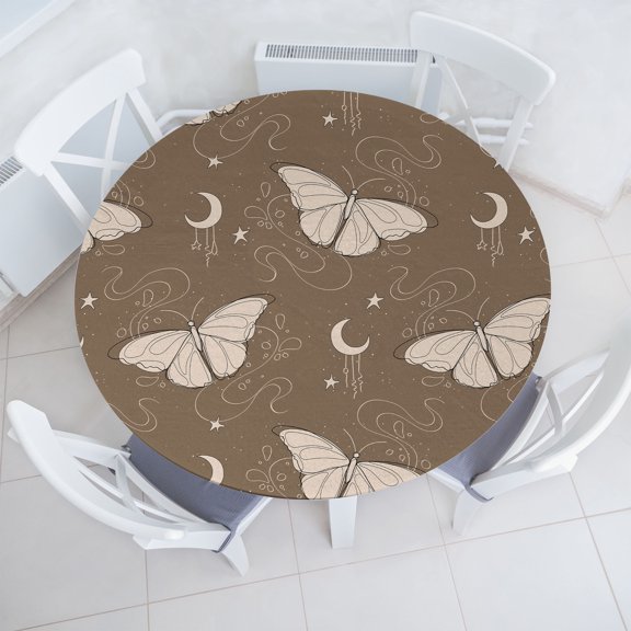 Ambesonne Moth Boho Fitted Round Tablecloth, Neutral Wingy Animals Art, 36"- 40" Diameter, Sepia Beige
