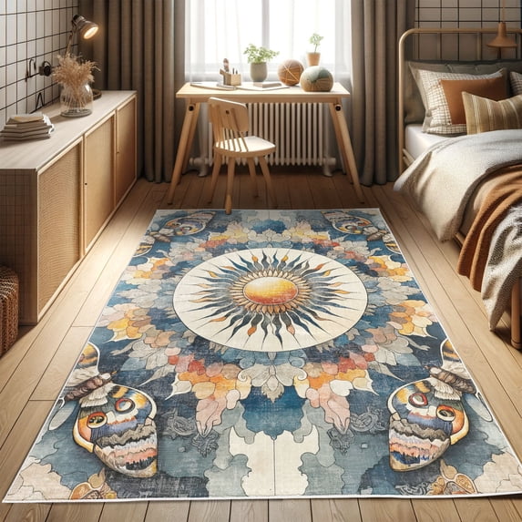 Ambesonne Moth Decorative Rug Carpet, Bohemian Sun and Wingy Animals, 2' x 5', Blue Grey Apricot Beige