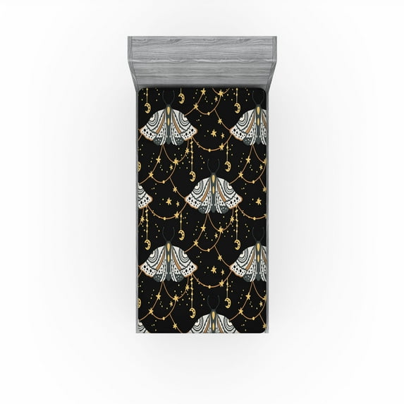Ambesonne Moth Design Fitted Sheet, Mystic Wingy Animal Art, Twin XL Size, Mustard Purpleblue White