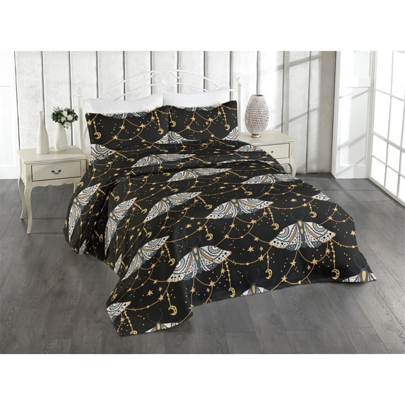 Ambesonne Moth Design Quilted Bedspread Set 3 Pcs, Mystic Wingy Animal Art, King, Mustard Purpleblue White