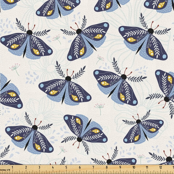 Ambesonne Moth Drawing Fabric by the Yard Upholstery, Jungle Animal Wingy, 1 Yard, Dark Sky Blue Off White