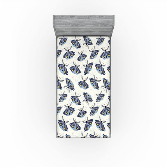 Ambesonne Moth Drawing Fitted Sheet, Jungle Animal Wingy, Twin XL Size, Dark Sky Blue Off White