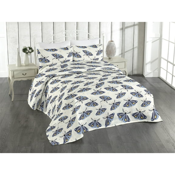 Ambesonne Moth Drawing Quilted Bedspread Set 3 Pcs, Jungle Animal Wingy, King, Dark Sky Blue Off White