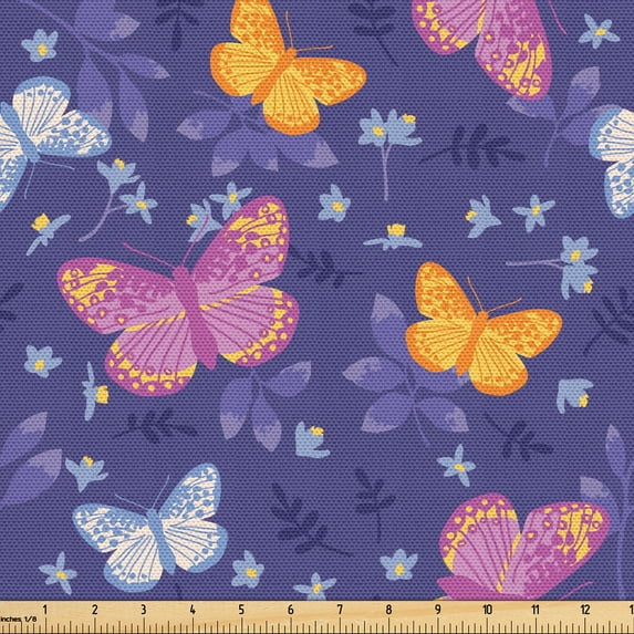 Ambesonne Moth Fabric by the Yard Upholstery, Butterflies Flying in Field, 3 Yards, Blue Violet Multicolor