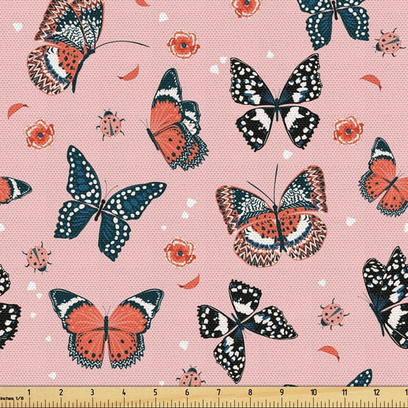 Ambesonne Moth Fabric by the Yard Upholstery, Flying Butterflies Design Art, 1 Yard, Rose Salmon and Dark Blue
