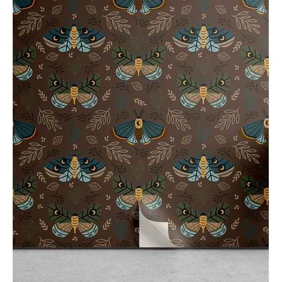 Ambesonne Moth Peel & Stick Wallpaper for Home, Moths Leaves Boho Traditional, 13"x36", Dark Sky Blue Umber