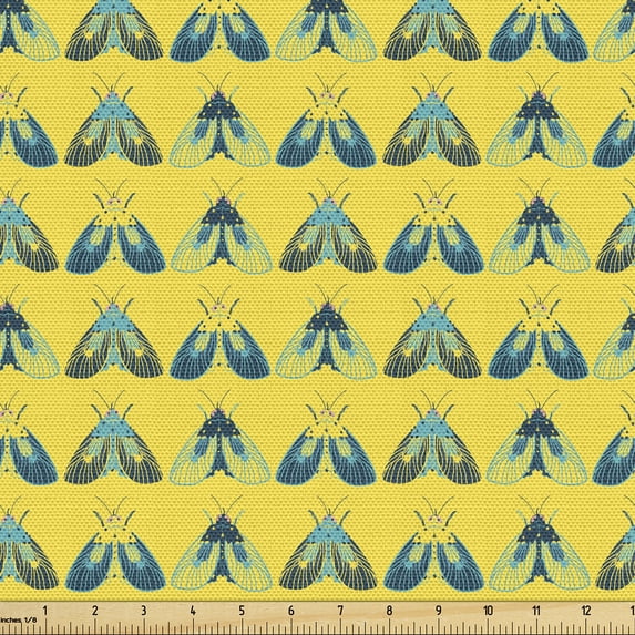 Ambesonne Moth Print Fabric by the Yard Upholstery, Summer Colors Design, 3 Yards, Mustard and Petrol Blue