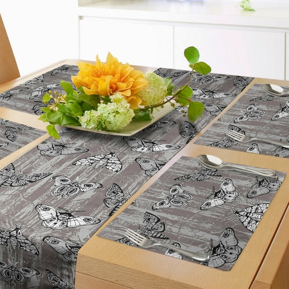Ambesonne Moth Table Runner & Placemats, Occult Look Grunge Insects, Placemat 4 pcs + Runner 14"x72", Grey Pink Black and White