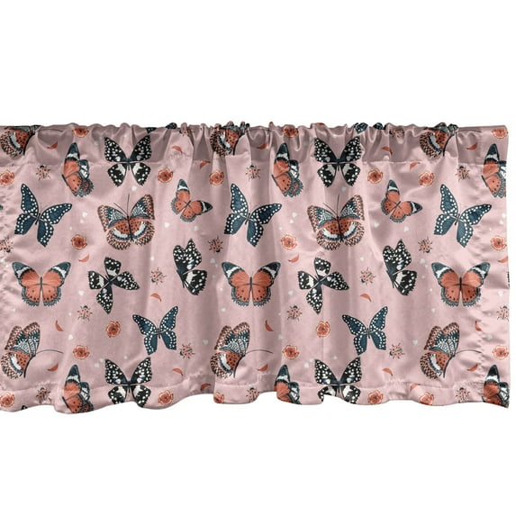 Ambesonne Moth Window Valance, Flying Butterflies Design Art, 42" x 12", Rose Salmon and Dark Blue