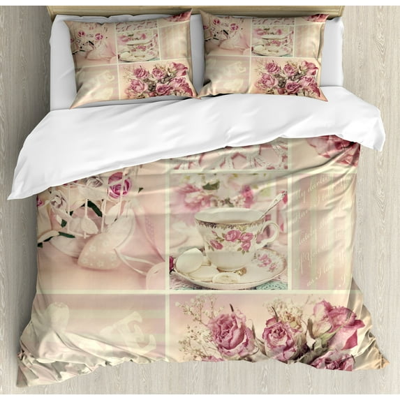 Ambesonne Mothers Day Duvet Cover Set, Vintage Lace Cups, 2-Calking, Pale Pink White