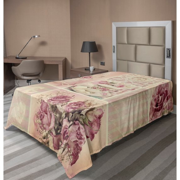 Ambesonne Mothers Day Flat Sheet, Vintage Lace Cups, TwinXL Size, Pale Pink White