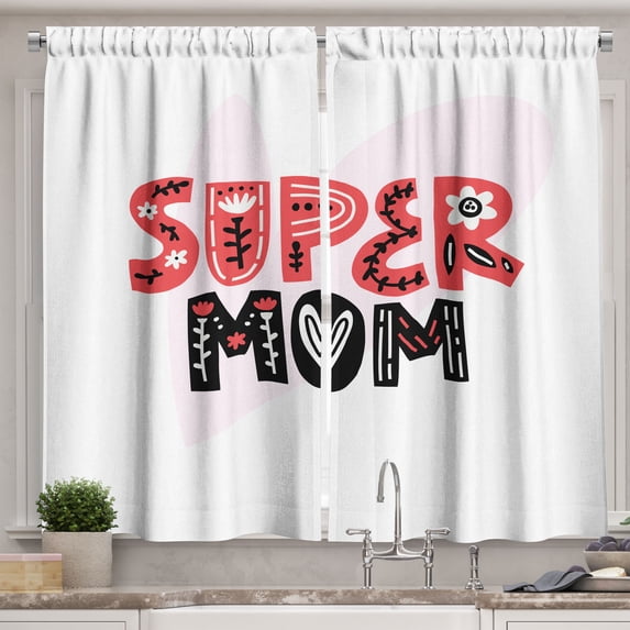 Ambesonne Mothers Day Kitchen Curtains, Super Mom Typography, 55"x45", Coral and Grey