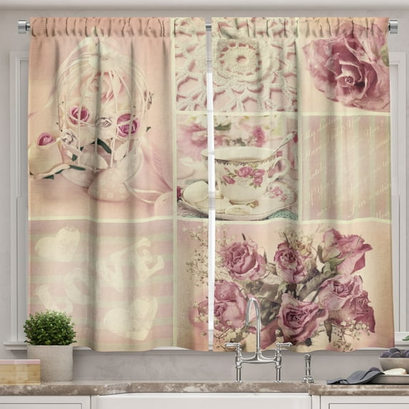 Ambesonne Mothers Day Kitchen Curtains, Vintage Lace Cups, 55"x45", Pale Pink White