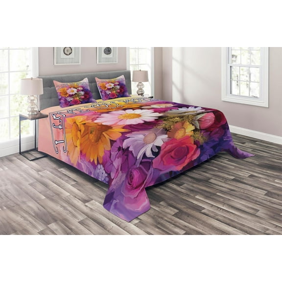 Ambesonne Mothers Day Quilted Coverlet 3 Pcs, Love Saying and Flowers, King Size, Multicolor