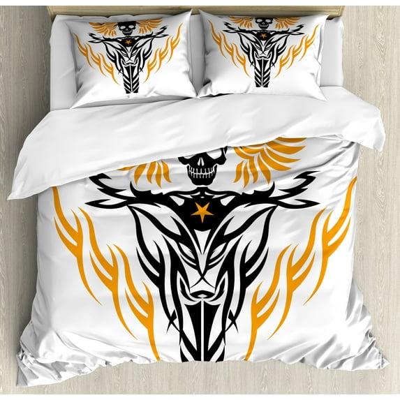 Ambesonne Motorcycle Duvet Cover Set, Tribal Skull on Wheel, 2-Calking, Orange and Charcoal Grey