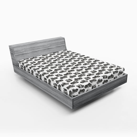 Ambesonne Motorcycle Fitted Sheet, Retro Style Drawings, Full Size, Grey White Black