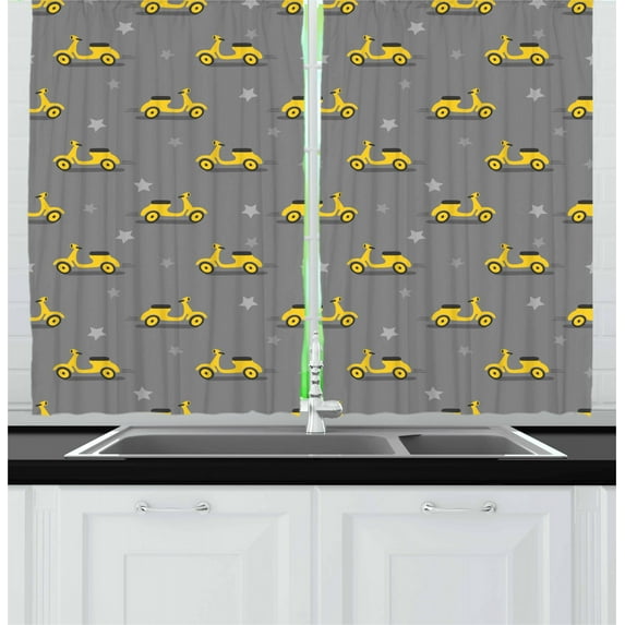 Ambesonne Motorcycle Kitchen Curtains, Scooters and Stars, 55"x45", Yellow Black and Grey