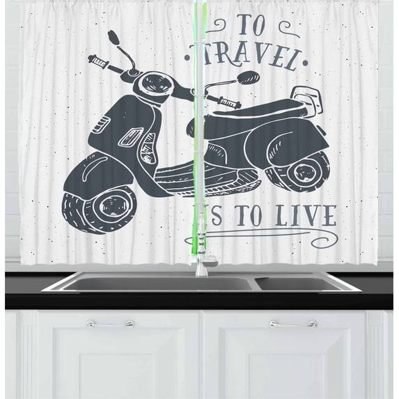 Ambesonne Motorcycle Kitchen Curtains, Sketch Scooter Motif, 55"x45", Dark Bluegrey and White