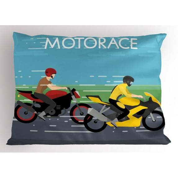 Ambesonne Motorcycle Pillow Sham, 2 Bikers Racing, 26" X 20", Multicolor