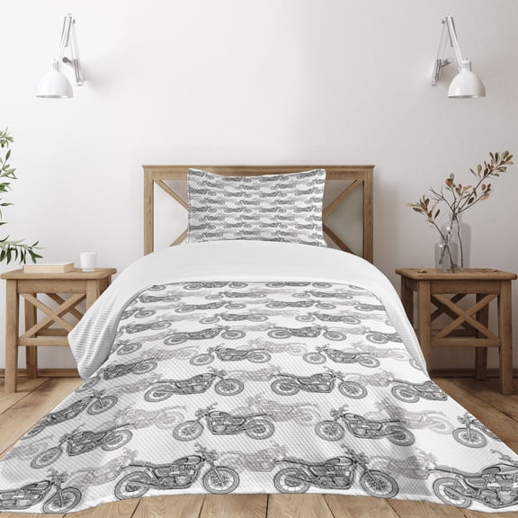 Ambesonne Motorcycle Quilted Bedspread Set 2 Pcs, Details in Grayscale, Twin Size, Grey White Black