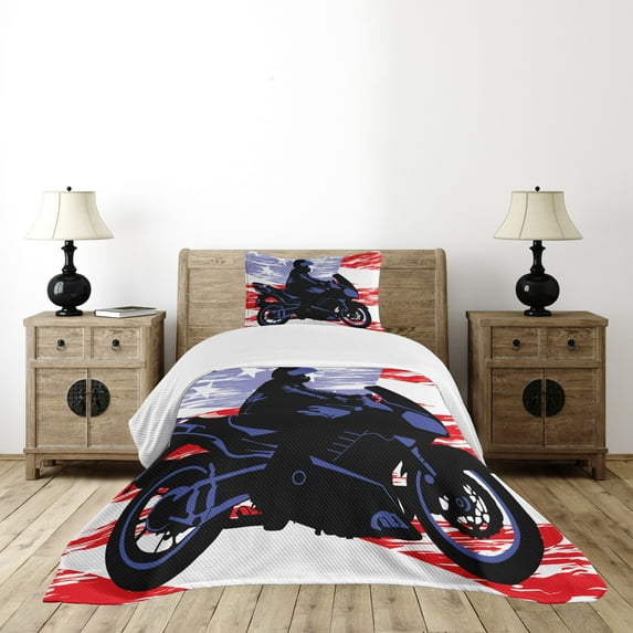 Ambesonne Motorcycle Quilted Bedspread Set 2 Pcs, Riding Man on USA Back, Twin Size, Multicolor